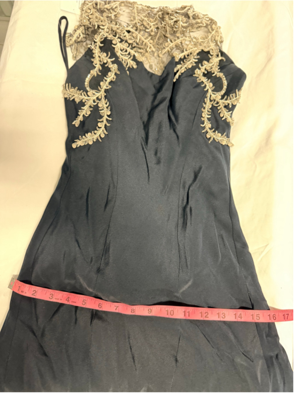 Anna Maier Couture Navy Blue Formal Gown | Silver Embroidered Illusion Bodice | - Picture 15 of 17